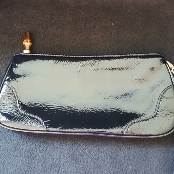 Talbots Womens Pocketbook Black Patent Leather Tortoise Pull Purse Wristlet Zip - Picture 3 of 6